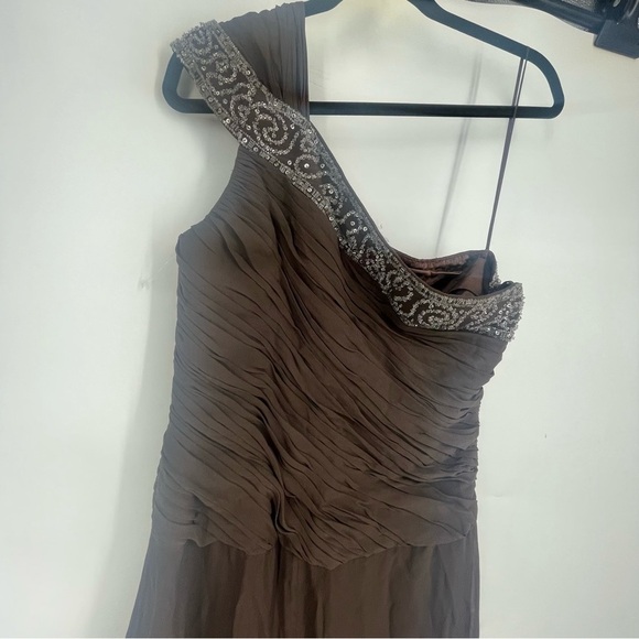 Theia Size 12 Brown Satin One Shoulder Gown Brown Sequin Ballgown Dress - Picture 1 of 9